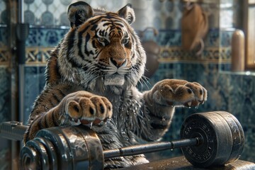 Wall Mural - A tiger lifts weights in a fun and unique way