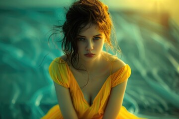 Wall Mural - A woman is sitting on a bed wearing a bright yellow dress, providing a pop of color against the neutral background
