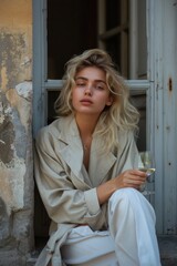 Poster - A woman sitting on a ledge holding a glass of wine, perfect for food and drink themed illustrations or romantic moments