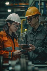 Poster - Two construction workers in hard hats examining a tablet, possibly reviewing blueprints or schedules
