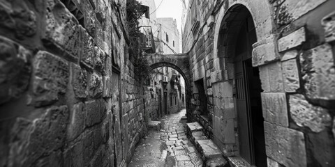 Poster - A narrow alleyway with stone walls and arched doorways, perfect for use in scenes of medieval towns or fantasy worlds