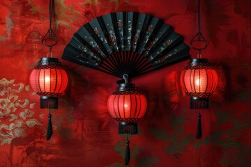 Aufkleber - Three red lanterns hang from a red brick wall, lit up at night