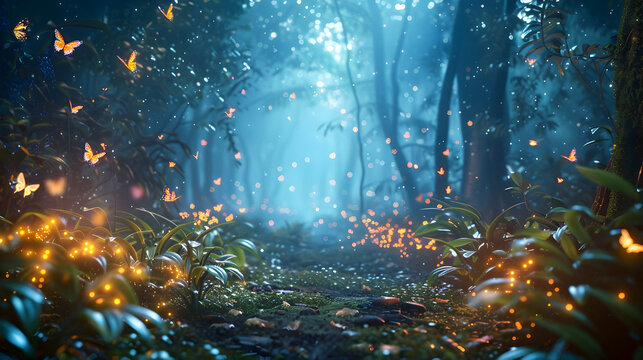 A magical forest with butterflies