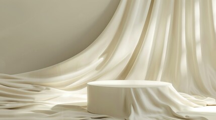 Poster - A simple stool sits in front of a flowing white curtain, great for interior design or minimalist theme photoshoots
