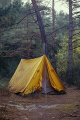 Poster - A yellow tent situated in the midst of a dense forest, perfect for camping or hiking trips