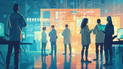 Poster - A group of people surrounded by a computer screen, ideal for illustrating a meeting or discussion