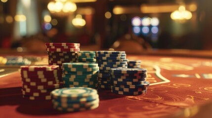Poster - A pile of poker chips sitting on a table, ideal for use in gaming or financial contexts