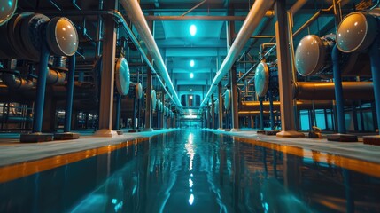 Poster - A long industrial hallway featuring exposed pipes and water flowing through it, ideal for use in illustrations about infrastructure, industry, or technology
