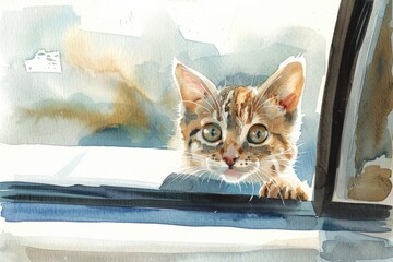 Poster - A watercolor painting of a curious cat peeking out of a car window