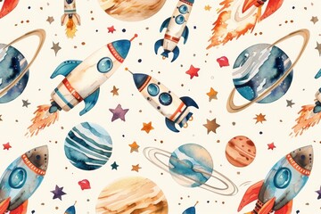 Poster - A colorful illustration of rockets and stars in watercolor style on a white background, perfect for use in designs related to space exploration or astronomy