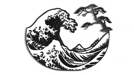 Japanese Wave and Tree Illustration