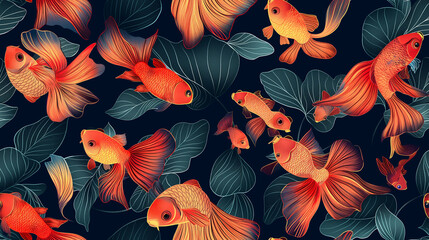 Seamless pattern with goldfish and leaves