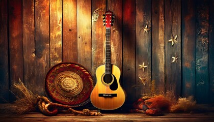 Wall Mural - guitar on wooden background