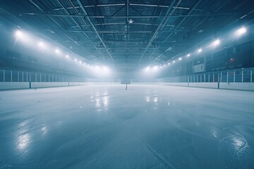 Wall Mural - A frozen outdoor ice rink at night, lit up with colorful lights