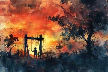 Poster - A person relaxing on a swing during sunset, with the sky painted in warm colors