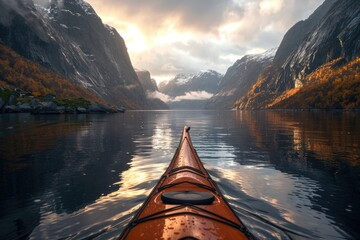 Poster - A scenic view of a mountain range from the perspective of a kayak in calm waters