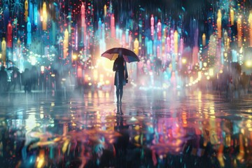 Aufkleber - A woman standing in the rain holding an umbrella, suitable for weather-related or personal protection-themed images