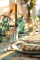 Poster - A table prepared for dinner or special occasion with fine china, glassware, and candlelight