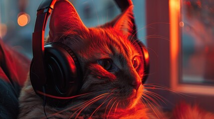 Wall Mural - A domestic cat is sitting on a couch wearing headphones