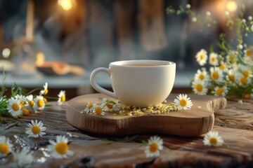 Poster - A cup of coffee placed on a wooden cutting board, suitable for editorial use in food or lifestyle contexts