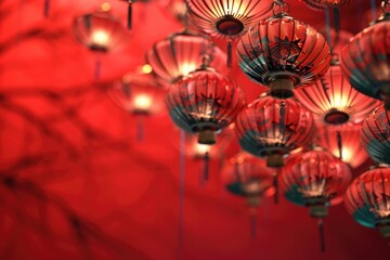 Aufkleber - A decorative ceiling featuring multiple red lanterns suspended from above