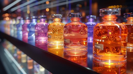 Poster - A row of colorful, holographic perfume bottles on display, showcasing virtual scents.