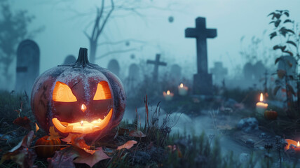 A Halloween pumpkin head jack-o'-lantern with candles burning inside, surrounded by fog and mist in a graveyard. Ai generated