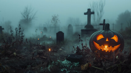 Wall Mural - A Halloween pumpkin head jack-o'-lantern with candles burning inside, surrounded by fog and mist in a graveyard. Ai generated