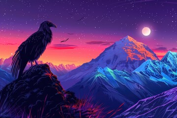 Aufkleber - A bird perched on the peak of a mountain, lit up by the moonlight