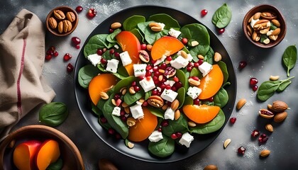 Wall Mural - healthy delicious winter salad with persimmon slices, mix of spinach, nuts, goat cheese, pomegranate, pumpkin seeds. Healthy balanced eating. Top view.
