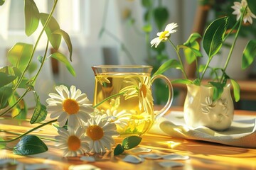 Aufkleber - A cup of tea and some flowers on a table, suitable for interior or still life photography