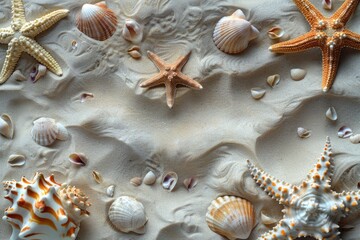 Poster - A close-up view of shells and starfishes on a sandy beach or ocean floor