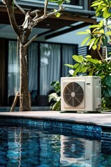 Poster - Air conditioner unit located beside a swimming pool, perfect for keeping the surrounding area cool and comfortable