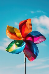 Wall Mural - A vibrant pinwheel spinning on a pole against a bright blue sky