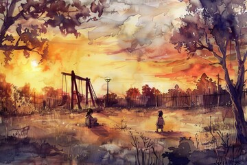 Poster - A person is seen sitting on a swing in an open field, surrounded by nature