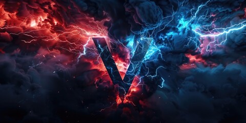 Poster - A bright lightning bolt hits a V-shaped formation in a cloud-filled sky, with sun shining through