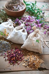 Poster - Three bags of dried herbs sit on a wooden table, awaiting use in cooking or crafts