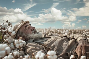 Poster - A person lying down in a field of cotton, with the golden fibers surrounding him