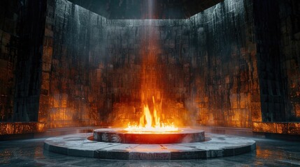 Poster - Cozy ambiance with a burning fire pit in a darkened space, great for intimate gatherings or atmospheric settings