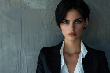Poster - A woman wearing a black jacket over a white shirt, possibly for formal or professional occasion