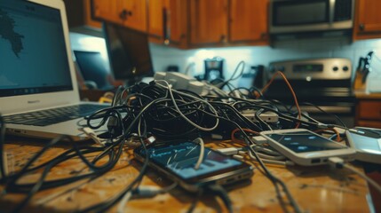 Poster - A laptop and a smartphone sit on a kitchen counter surrounded by tangled cables.