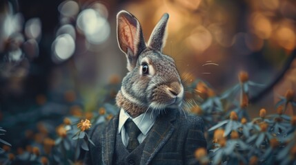 Wall Mural - A rabbit dressed in business attire surrounded by colorful flowers