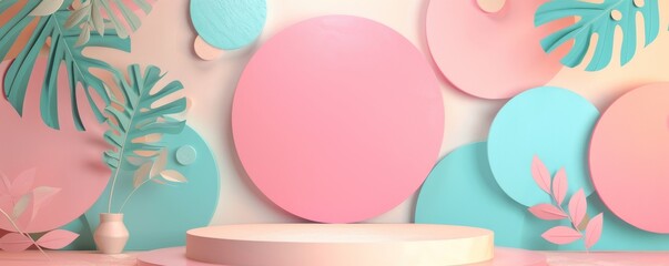 3D podium with pastel pink and blue tropical leaves background