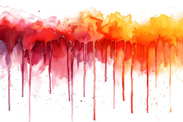 Wall Mural - Orange and red dripping watercolor paint stain on transparent background.