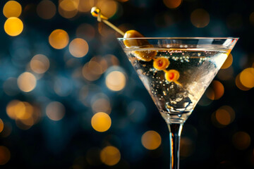 Wall Mural - Classic Martini cocktail with olives on dark background. Copy space