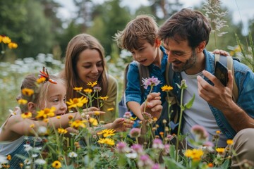 A family of four is enjoying a day in a field of flowers. The man is taking a picture of the children, while the woman and two children are looking at the flowers. Scene is happy and carefree