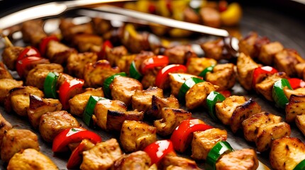Sticker - A vibrant and colorful plate of grilled chicken kebabs, featuring juicy chunks of marinated chicken alternated with slices of red, yellow, and green bell peppers, and red onions