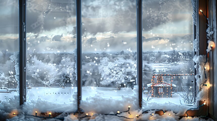 Wall Mural - A Christmas window view, with lights and snow