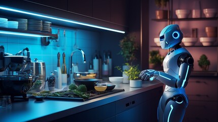 a robot in the kitchen preparing the dinner