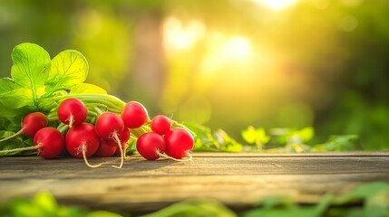 Wall Mural - Red fresh bunch of radishes on wooden table with blurred garden background. Summer nature, sunlight and space for text. Banner with copy space.